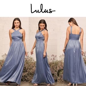 NWT Lulu's Air of Romance blame blue satin dress bridesmaid medium